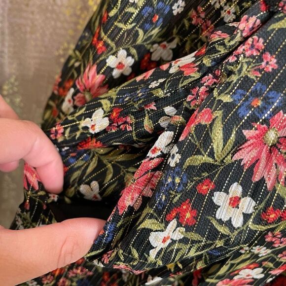 Old Navy Black Floral Gold Stripe Waist-Defined Shine Mini Dress Small Tall NWT - Picture 7 of 10